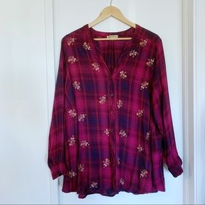 Democracy floral embroidered plaid button down